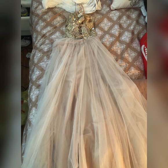 Beaded Tan and Gold Tulle Prom Dress